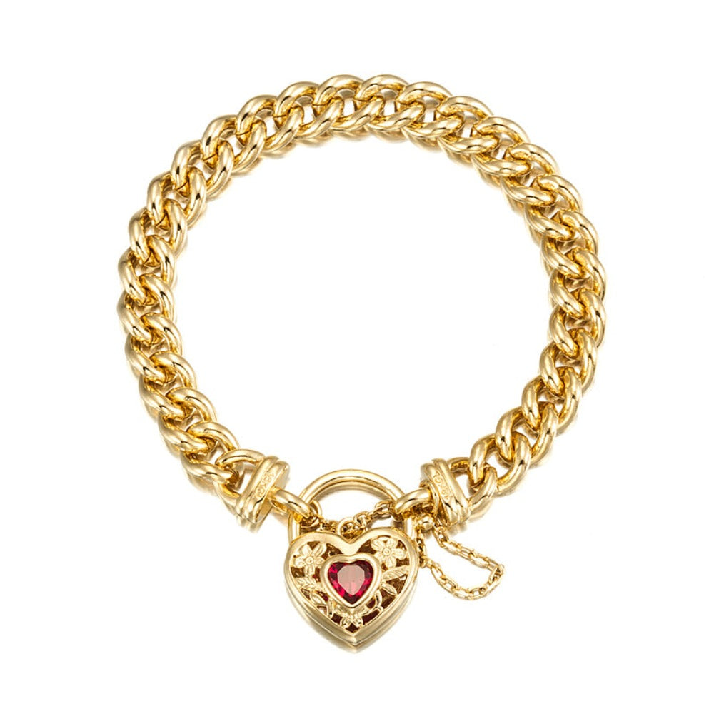 18ct Heavy Yellow Gold Plated Euro Chain Bracelet with a Filigree Locket Featuring a Simulated Ruby - USA Made-0